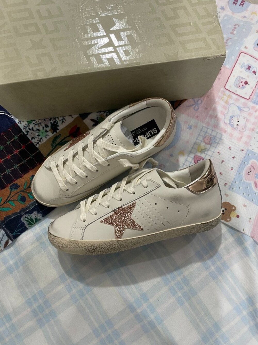 Golden Goose Distressed Sneakers with Pink Glitter Star